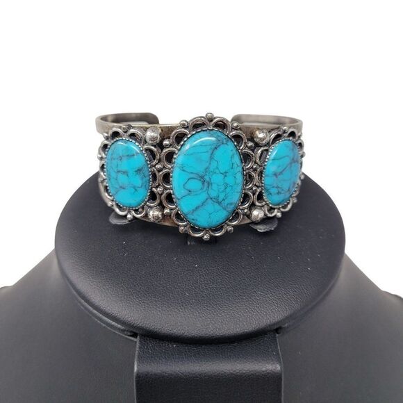 Vintage 90's Silver Tone Faux Turquoise Filigree Cuff Bracelet Southwestern Boho - Picture 7 of 8